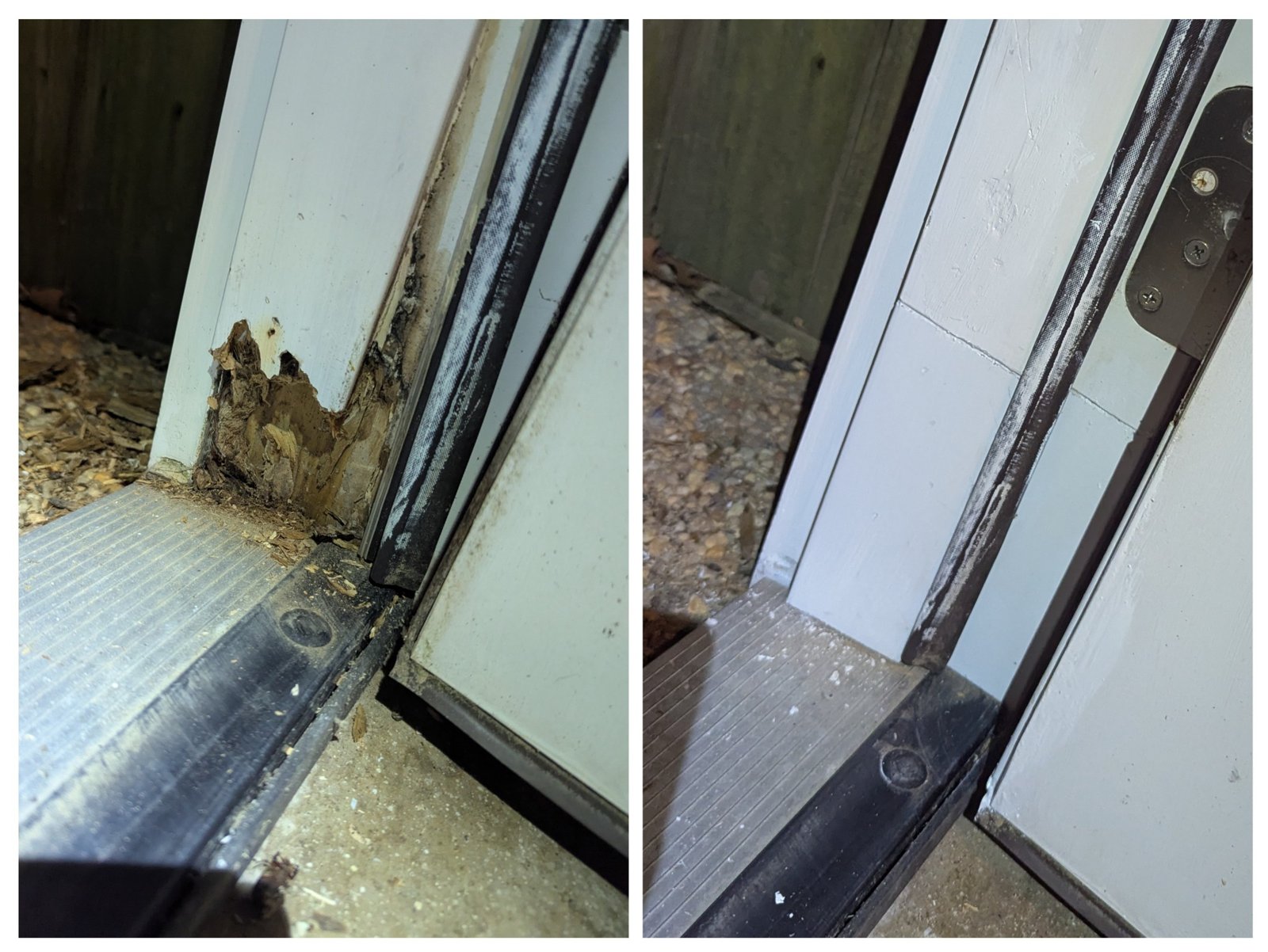 Before and after repair of rotted wood at the bottom of a door jamb